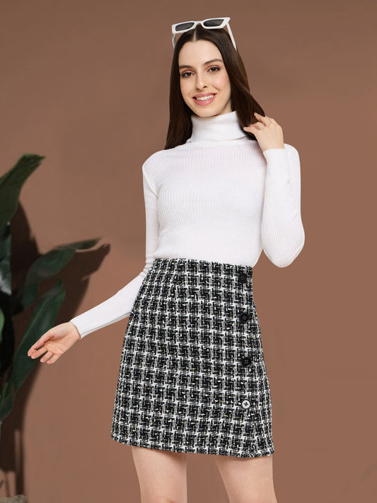 Women Black Woolen Side Button Mini Skirt