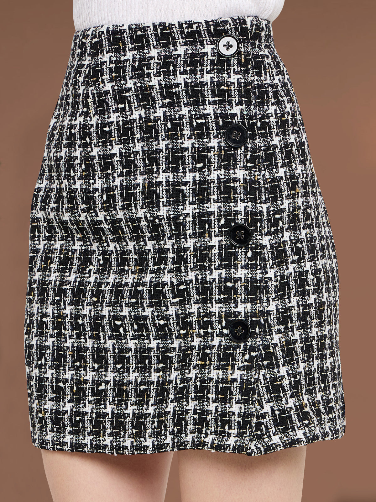 Women Black Woolen Side Button Mini Skirt