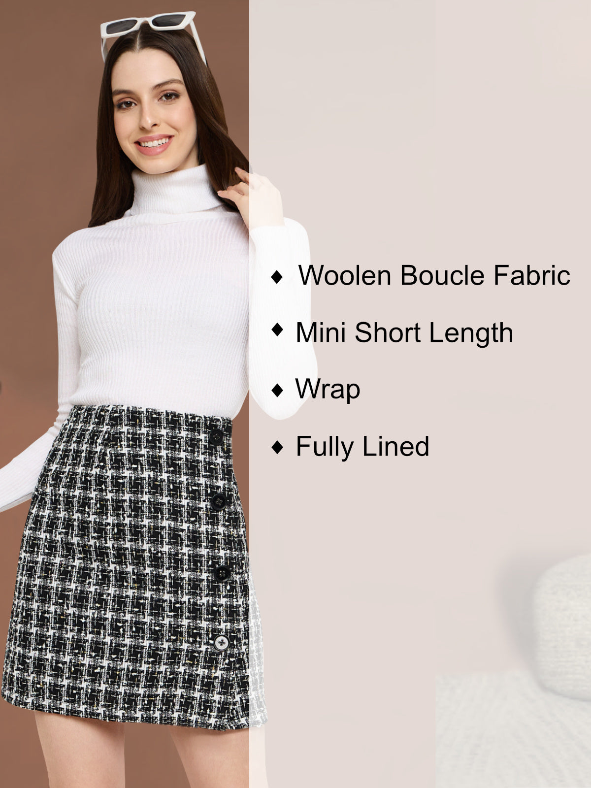Women Black Woolen Side Button Mini Skirt
