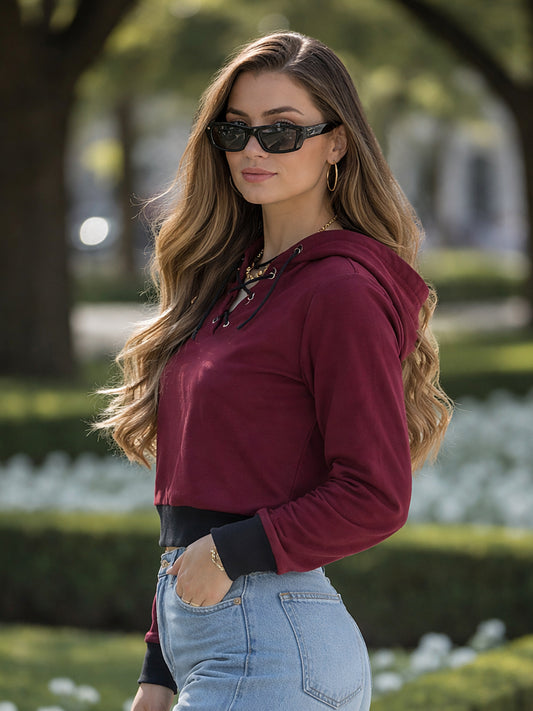Women Maroon Hooded Sweatshirt