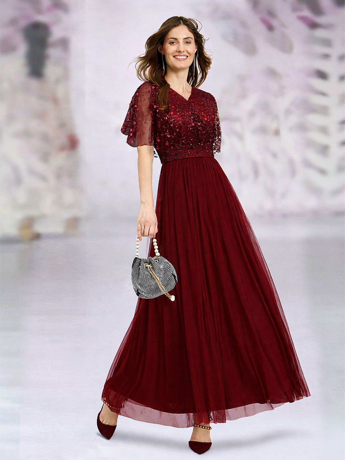 maroon-sequin-cape-gown