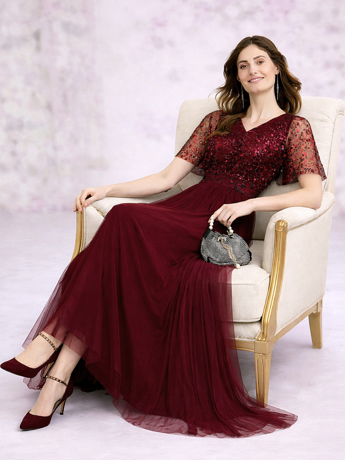 maroon-sequin-cape-gown