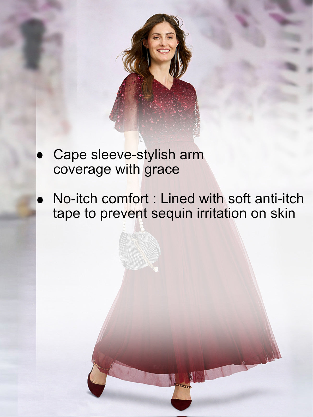 Maroon Sequin Cape Gown