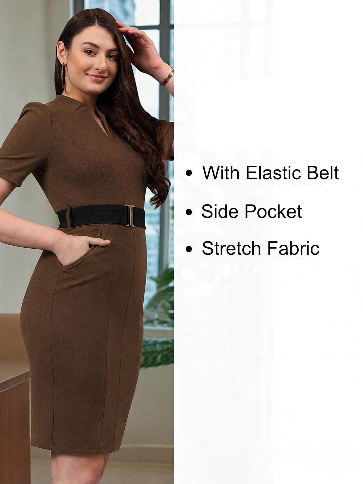 Mocha Brown Elastic Belt Formal Dress