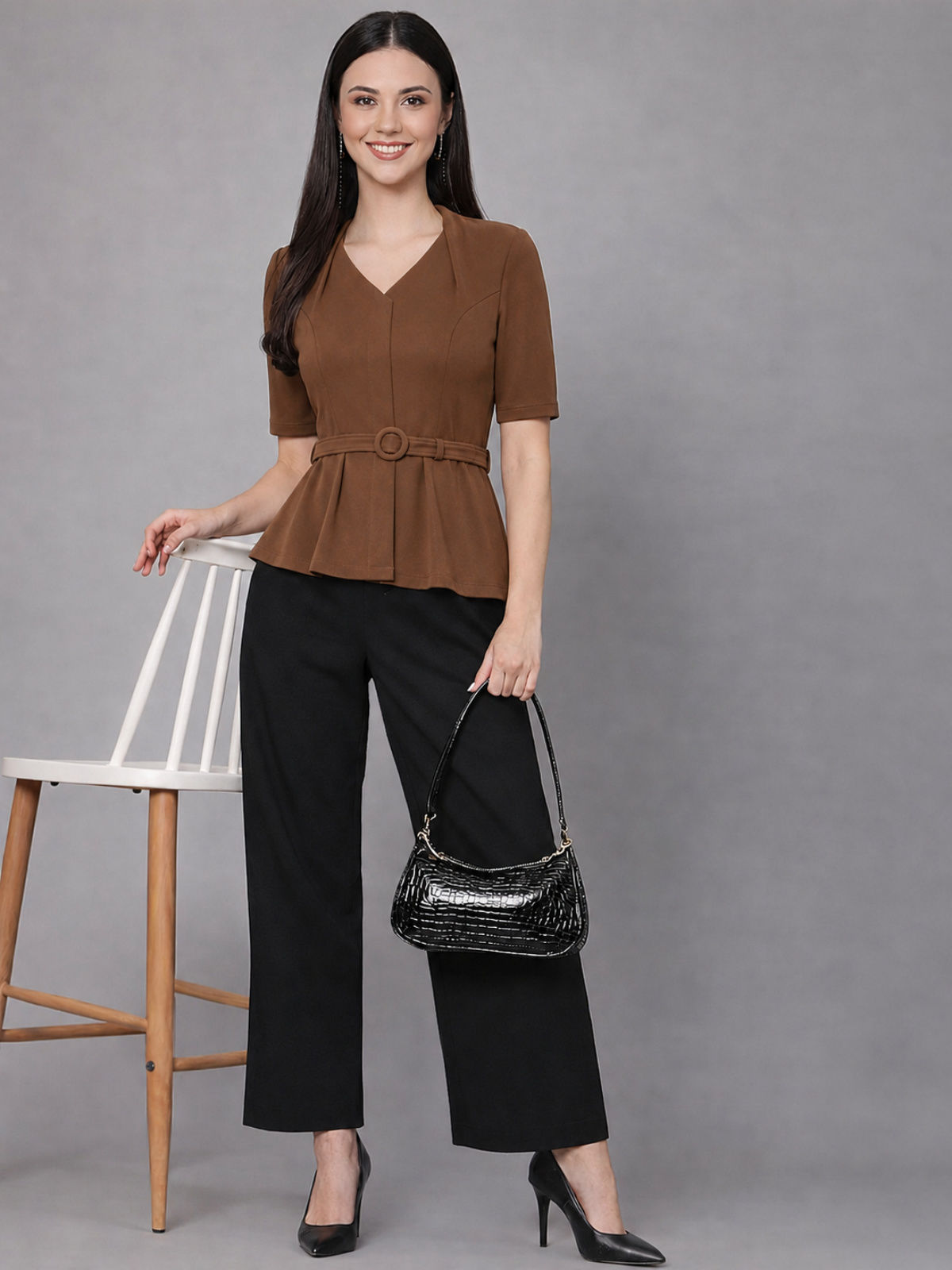 Brown Formal Top With Belt