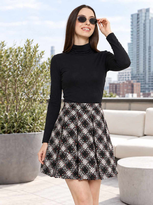 Black Multi Woolen Pleated Mini Skirt