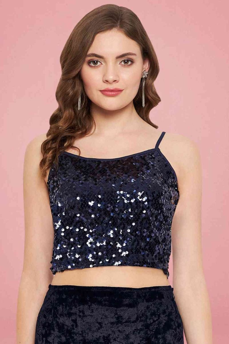 Navy Blue Sequin Strap Crop Top